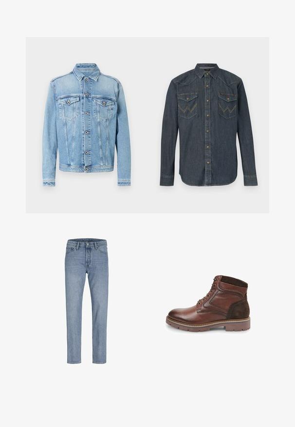 Lyseblå denimjakke med spidst krave, knaplukning foran og to brystlommer med broderet detalje og kontrasterende syninger.; Langærmet mørk denimskjorte med trykknapper, spids krave og to forlommer med klap, begge med broderede "W"-motiver.; Lysblå denimbukser med lige ben, fem lomme-design, syninger og knaplukning i taljen.; Brune læder ankelstøvler med et ruskindspanel, forstærket tå og robust gummisål. Har metaløjer og snørebånd.