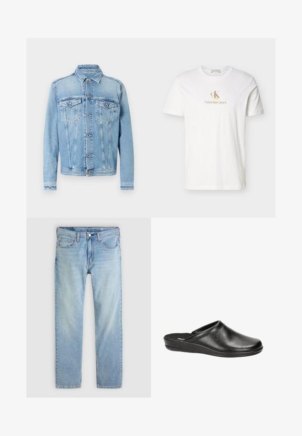 Lichtblauwe spijkerjasje met een puntige kraag, knoopsluiting aan de voorkant en twee borstzakken met geborduurde details en contrasterende stiksels.; Witte T-shirt met korte mouwen, voorzien van een klein beige "cK"-logo en de tekst "Calvin Klein Jeans" centraal op de borst.; Lichtblauwe jeans met rechte pijpen, vijf zakken, knoopsluiting en zichtbare stiksels op een effen achtergrond.; Zwarte leren klompen met een ronde neus, lage hak en instapontwerp. Kenmerkt zich door een gladde textuur en subtiele stikseldetails op de bovenkant.