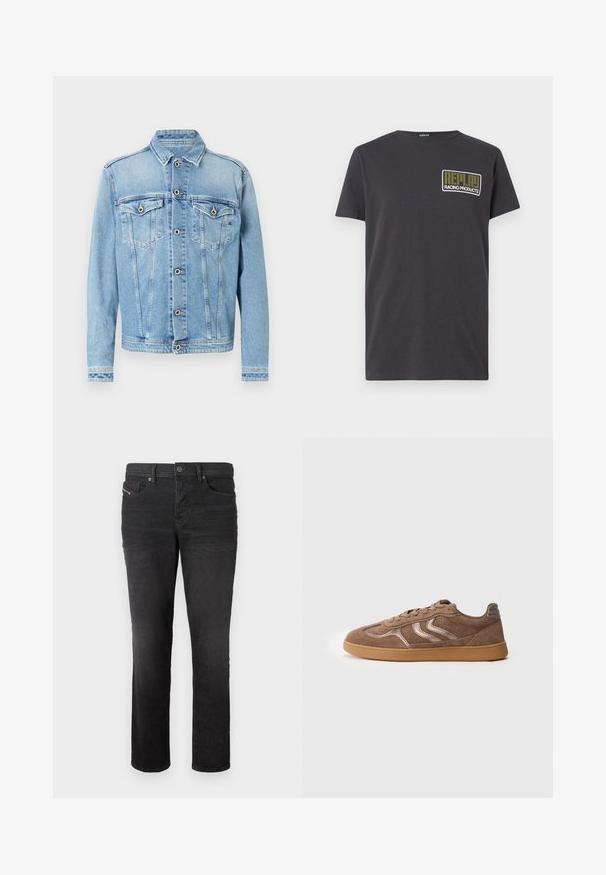 Lyseblå denimjakke med spidst krave, knaplukning foran og to brystlommer med broderet detalje og kontrasterende syninger.; Grå bomulds t-shirt med korte ærmer. Har et rektangulært trykt logo i grøn og hvid, der står "REPLAY RACING PRODUCTS" på brystet.; Sorte denim jeans med lige ben, der har fem lommer, en knappelukning og subtile syninger foran.; Brune suedet sko med gummisål, perforerede detaljer, syede chevron-striber og snørebåndslukning vist fra siden på hvid baggrund.