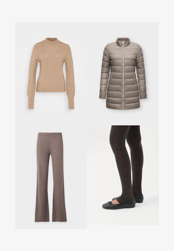 Doudoune longue taupe avec matelassage horizontal, fermeture éclair devant, col montant et poches latérales, présentée sur un fond uni.; Pull en tricot côtelé beige avec col montant, manches longues et coupe ajustée. Texture douce avec une finition lisse. Design minimaliste ; sans motifs.; Pantalon en maille marron à taille haute, ceinture élastique et coupe jambe large, présenté à plat sur un fond blanc uni.; Jambes portant des leggings côtelés foncés associés à des ballerines noires avec de petits détails en nœud sur fond blanc.