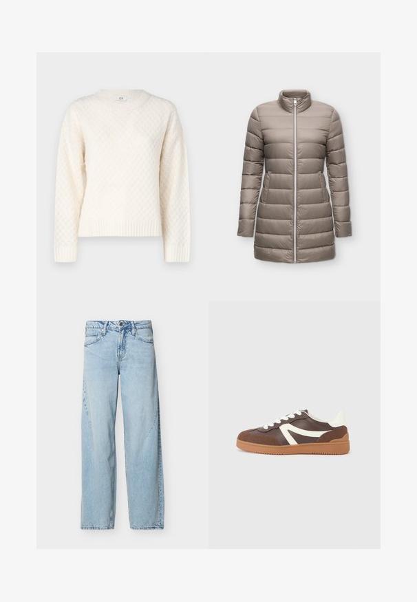 Doudoune longue taupe avec matelassage horizontal, fermeture éclair devant, col montant et poches latérales, présentée sur un fond uni.; JDY Knitted JDYBIGUM Knitted - Pullover - whitecap gray; Jean denim bleu clair à jambe droite avec poches avant, passants pour ceinture et fermeture par bouton sur fond blanc uni.; Baskets marron avec des accents blancs, fabriquées à partir de matériaux lisses et texturés, dotées d'une semelle en caoutchouc et d'une fermeture à lacets, au design sportif.