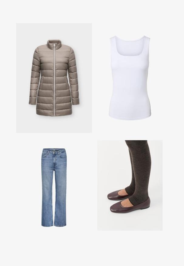 Chaqueta larga acolchada en color topo con acolchado horizontal, cierre frontal de cremallera, cuello alto y bolsillos laterales, mostrada sobre un fondo liso.; Camiseta sin mangas blanca con escote cuadrado, silueta ajustada y textura de tela suave.; Jeans de mezclilla azul de tiro alto y pierna recta con cierre de botón en la parte delantera, cremallera y diseño de cinco bolsillos.; Bailarinas de charol burdeos con diseño de punta cuadrada, combinadas con calcetines de punto acanalado marrón oscuro que llegan a la mitad de la pantorrilla.