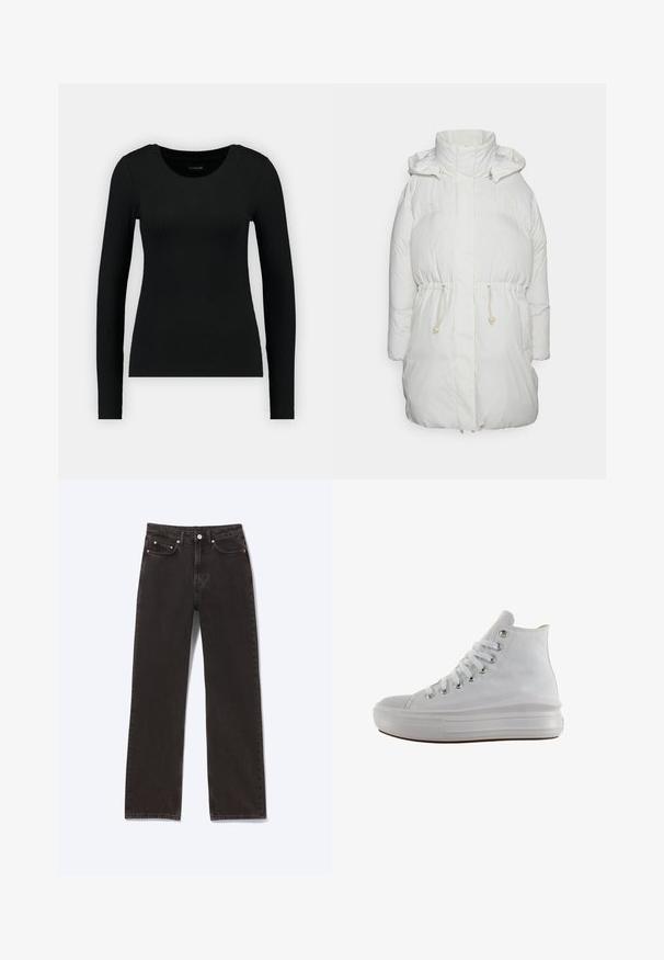 Hvid polstret jakke med høj krave og hætte. Har snøre i taljen, sidelommer og en blød tekstur. Glat, minimalistisk design.; Sort langærmet skjorte lavet af ribbet stof. Har en rund halsudskæring og tætsiddende silhuet. Enkelt design uden mønstre eller accenter.; Sorte denimjoggingbukser med lige ben, fem lommer og knaplukning, fladt vist på hvid baggrund.; Hvid højt canvas sneaksko med hvide snørebånd, metaløjer, tyk gummisål og tekstureret tåhætte, vendt mod venstre på en hvid baggrund.