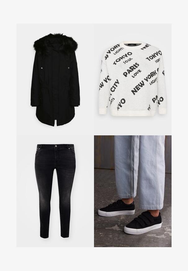 Zwarte parka-jack met een nepbont capuchon, verstelbare taille met trekkoord en drukknoopsluitingen; voorzien van twee zakken aan de voorkant en een gebogen zoom.; Witte gebreide trui met oversized zwarte letters van stadsnamen, zoals "PARIJS" en "TOKYO," met een ronde hals en geribde manchetten.; Zwarte denim jeans met een slim fit, vijf zakken, knoopsluiting en een lichte vervaging voor textuur. Minimalistische stijl, geen zichtbare patronen.; Zwarte corduroy sneakers met drie klittenbandsluitingen en een gestructureerde bovenkant. Lage witte rubberen zool. Draag met lichtblauwe cropped broeken.