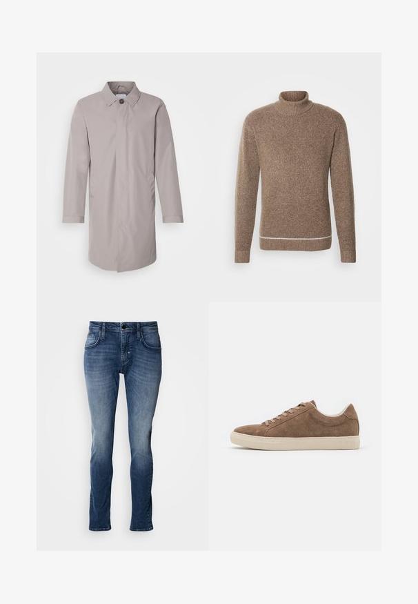 Hellgrauer Mantel aus glattem Stoff, mit einem Kragen, vorderem Knopfverschluss und seitlichen Taschen. Schlichte, langärmlige Ausführung.; INDICODE JEANS Strickpullover - otter; Blaue Jeans aus Denim mit einem ausgewaschenen Finish, Fünf-Taschen-Design, geradem Bein und Steppnähte. Einfache Knopf- und Reißverschlussöffnung.; Braune Wildleder-Sneaker für die Freizeit mit niedrigem Profil, flacher beige Gummisohle und sechs Schnürlöchern. Abgerundete Zehenform und minimalistisches Design.