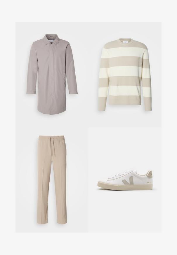 Lysegrå frakke lavet af glat stof, med kravehals, knaplukning fortil og sidelommer. Enkel design med lange ærmer.; Beige stribet sweater med ribbet tekstur, der har brede cremede striber, rund halsudskæring og lange ærmer.; Beige, afslappede bukser lavet af blødt materiale, med elastisk talje og snøre samt lige ben med minimale detaljer.; Hvide lædersneakers med beige detaljer, flad gummisål, rund tå og kontrasterende logo på siden og bagsiden. Snørebåndsdesign.