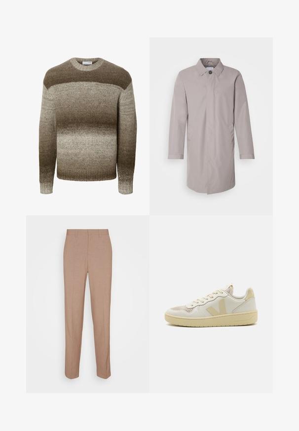 Lysegrå frakke lavet af glat stof, med kravehals, knaplukning fortil og sidelommer. Enkel design med lange ærmer.; Langærmet strikket sweater med rund hals med horisontale gradientstriber i nuancer af brun og beige.; Beige skræddersyede bukser i en glat, struktureret stof. Straight fit med en linning og uden synlige pyntedetaljer eller lommer.; Beige sneakers med en struktureret mesh tåhætte, glat læderoverdel og kontrasterende logo accenter. Flad gummisål med et elegant design.