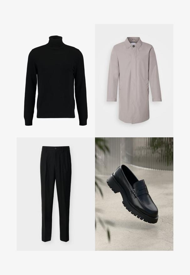 Manteau gris clair en tissu lisse, avec un col et une fermeture à boutons à l'avant, ainsi que des poches latérales. Design simple à manches longues.; Un pull à col roulé noir en matière tricotée douce. Il possède des manches longues, un col et un ourlet côtelés. Son design est simple et épuré, sans motifs.; Pantalon noir taille haute, ajusté, avec passants de ceinture, plis à l'avant, poches latérales et fermeture boutonnée avec zip.; Mocassins en cuir noir avec une semelle à crampons épaisse, dotés d'une sangle décorative et de détails de couture. Texture lisse avec une finition polie.