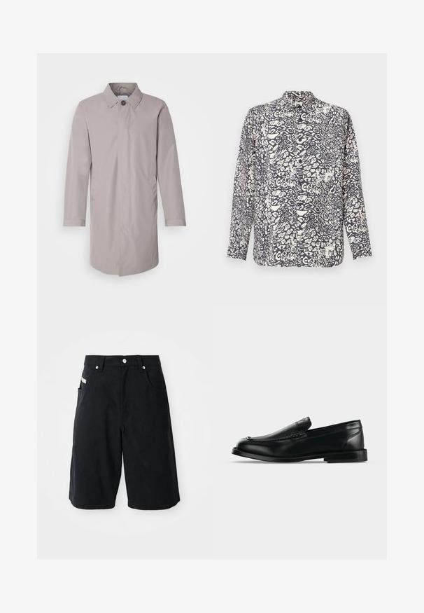 Hellgrauer Mantel aus glattem Stoff, mit einem Kragen, vorderem Knopfverschluss und seitlichen Taschen. Schlichte, langärmlige Ausführung.; Langarmhemd in Marineblau und Creme mit einem kräftigen abstrakten Animalprint, ausgestattet mit einem Kragen und einer Knopfleiste vorne. Weicher, leichter Stoff.; Schwarze Baumwollshorts mit lockerer Passform, ausgestattet mit Vordertaschen, einem Taillenbund mit Gürtelschlaufen und einem kleinen Etikett an der Seite.; Schwarzer Leder-Loafer mit niedrigem Absatz, abgerundeter Zehenform und Ziernähten entlang des oberen Randes.