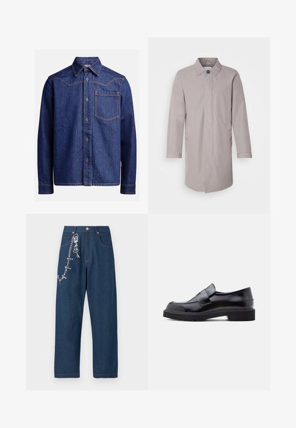 Lichtgrijze jas van soepel stof, met een kraag, een sluiting met knopen aan de voorkant en zijzakken. Eenvoudig ontwerp met lange mouwen.; Donkerblauwe denim overhemd met lange mouwen, puntige kraag, knoopsluiting, borstzak en contrasterende oranje stiksel.; Donkerblauwe denim wide-leg jeans met een ketting met rhinestones aan de linkerkant, en zichtbare oranje stiksels op de zakken en de zoom.; Zwarte leren instapschoen met een strak ontwerp, ronde neus en een dikke, gestructureerde rubberen zool. Heeft een decoratieve band over de voorkant.