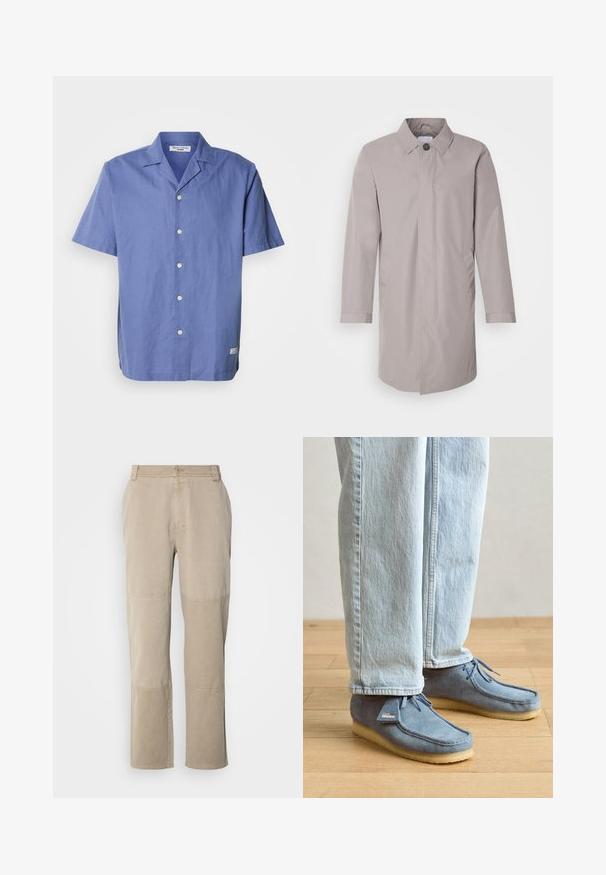 Lichtgrijze jas van soepel stof, met een kraag, een sluiting met knopen aan de voorkant en zijzakken. Eenvoudig ontwerp met lange mouwen.; Korte mouw, lichtblauw shirt van linnen met een campkraag, knopen aan de voorkant en een klein label aan de zijkant van de zoom. Het heeft een gladde textuur.; Beige katoen twill broek met een rechte pijp, voorzien van gestikte knieën en een knoopsluiting in de taille.; Blauwe suède mocassinschoenen met een lichtbruine rubberen zool, voorzien van strikveters en een klein label aan de zijkant, gecombineerd met lichtblauwe spijkerbroeken.
