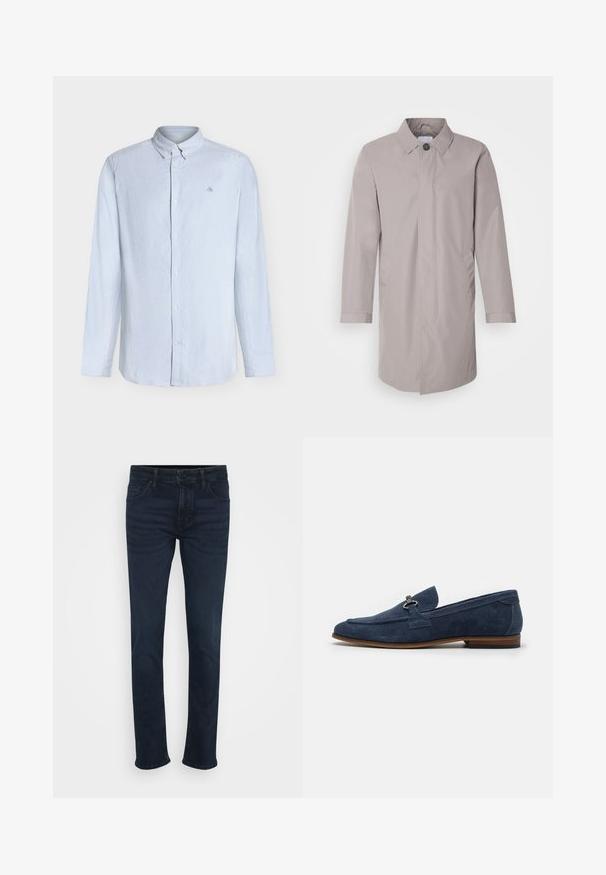 Manteau gris clair en tissu lisse, avec un col et une fermeture à boutons à l'avant, ainsi que des poches latérales. Design simple à manches longues.; Chemise à manches longues à rayures bleu clair et blanc, à boutons, avec col boutonné et petit logo brodé sur la poitrine.; Jean bleu foncé avec une coupe droite, présentant un design classique à cinq poches, un bouton en métal et des passants de ceinture à la taille.; Mocassin en daim bleu marine avec un bout arrondi, un petit accent décoratif et une semelle en contraste marron. Texture lisse avec des détails de couture subtils.