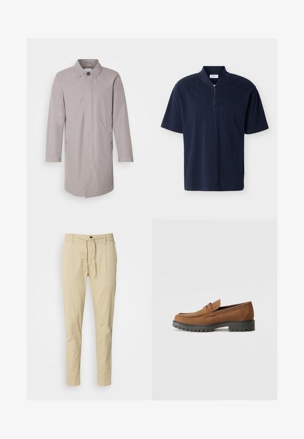 Abrigo gris claro fabricado con una tela suave, con cuello de solapa, cierre frontal de botones y bolsillos laterales. Diseño sencillo de manga larga.; Camisa de manga corta azul marino con cuello alto y cierre de media cremallera centrado sobre un fondo liso.; Pantalones beige de corte ajustado, hechos de una mezcla de algodón. Cintura elástica con cordón, dos pliegues frontales y patas rectas.; Mocasines de ante marrón con punta redondeada y una suela de goma negra baja, que presentan una correa decorativa y detalles de costura en la parte superior.