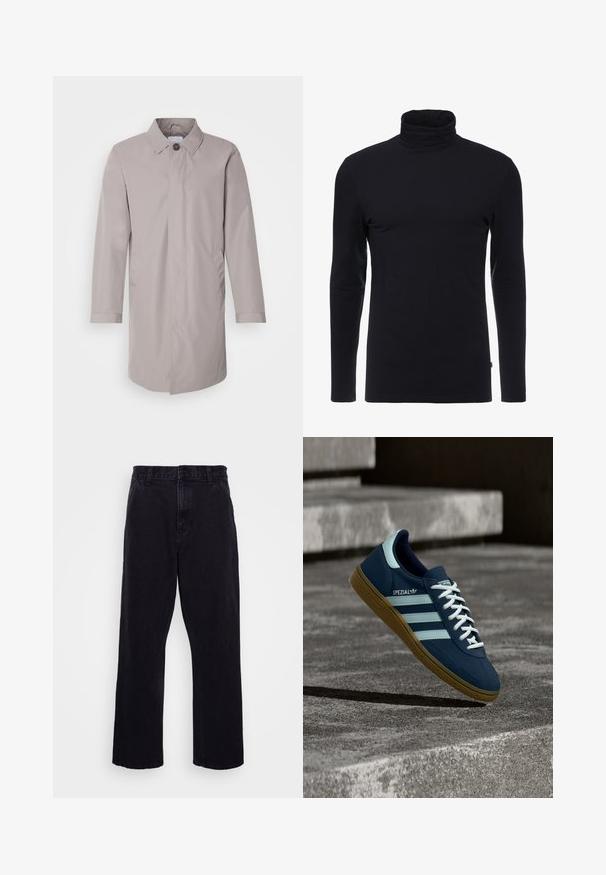 Lysegrå frakke lavet af glat stof, med kravehals, knaplukning fortil og sidelommer. Enkel design med lange ærmer.; Sort langærmet turtleneck skjorte lavet af blødt, strækbart stof. Har et tætsiddende design og en glat tekstur. Ingen synlige mønstre eller accenter.; Sorte denimbukser med lige ben, der har en knap- og lynlåslukning, bæltestropper og minimale syninger.; Blå Adidas Spezial sneaker med hvide striber og snørebånd, gummisål, svævende over en ru betongoverflade og trin i baggrunden.