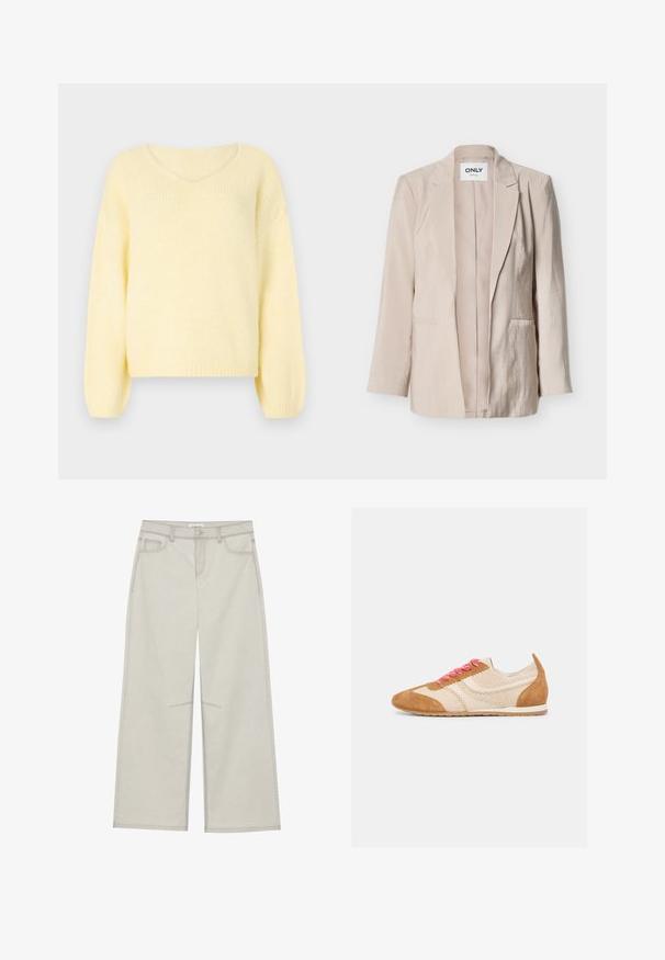 Beige damesblazer met lange mouwen, keperkragen, twee voorzakken en een label met de tekst "ONLY" aan de binnenkant van de kraag.; JDY Knitted JDYDINEA Knitted - Trui - pastel yellow; Lichtgrijze wijde broek met vijf zakken, sluiting met een knoop aan de voorkant en contrasterende stiksels langs de naden. De stof lijkt zacht en duurzaam te zijn.; Lichtbruine en beige casual sneaker met roze veters, suède accenten en een platte rubberen zool, zijaanzicht op een witte achtergrond.