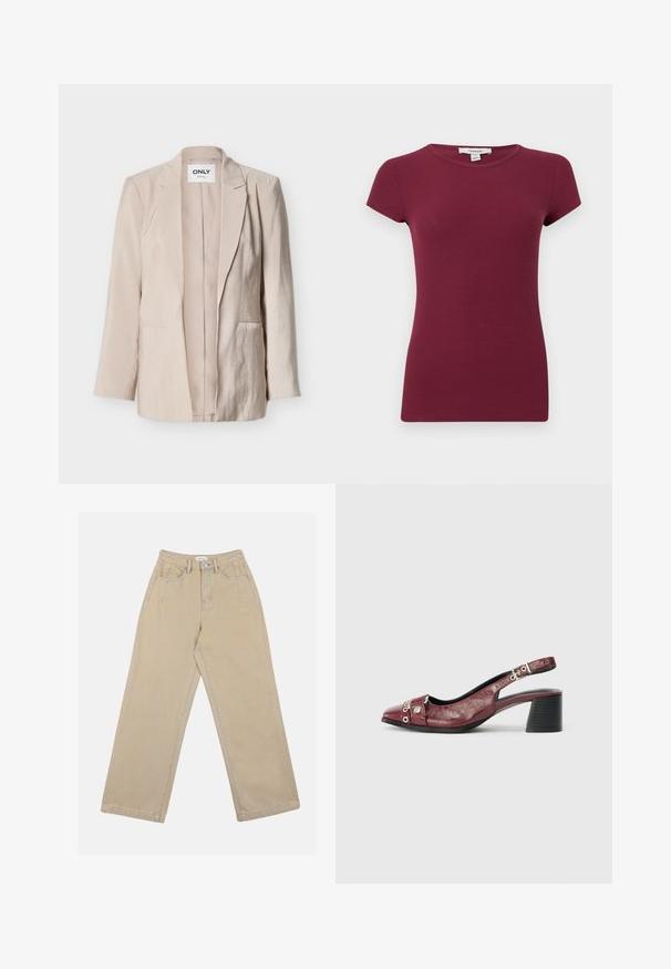 Beige damesblazer med lange ærmer, hakket revers, to forlommer og et mærke med teksten "ONLY" inde i kraven.; Kortærmet lilla ribstrikket top med rund hals og tætsiddende silhuet, ensfarvet tekstur, vist på ensartet baggrund.; Beige vidde benbukser lavet af denim, med høj talje, frontlommer og kontrast søm. Designet inkluderer en knaplukning.; Bordeauxfarvet læderslippersko med rund tå, buet design, sølvhardwaredetaljer og blokhæl. Tekstureret finish.