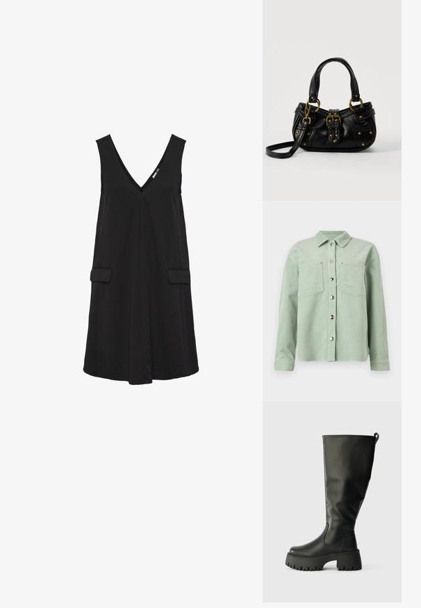 Hellgrünes Cordhemd mit Knopfleiste, zwei Brusttaschen und langen Ärmeln, mit klassischem Kragen.; Schwarzes, ärmelloses V-Ausschnittkleid mit vorderen Klappentaschen und A-Linien-Silhouette.; Knöchelhöhe schwarze Gummistiefel mit einer grob profilierten Sohle, glatter Oberfläche und einem Zugtab hinten für leichteres Anziehen. Rund gespitzte Form.; Schwarze Lederhandtasche mit goldener Schnalle und Nieten, kurzen Griffen und einem verstellbaren Schultergurt vor einem schlichten weißen Hintergrund.