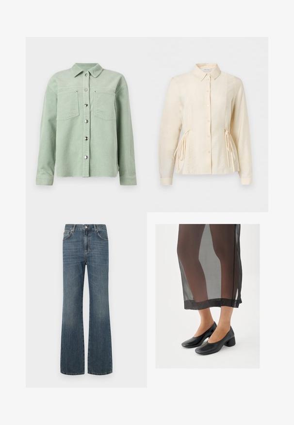 Lichtgroene corduroy blouse met knopen, voorzien van twee borstzakken en lange mouwen, met een klassieke kraag.; Crèmekleurige blouse met lange mouwen, knopen aan de voorkant, kraag en verstelbare zijstrikjes voor een aansluitende taille.; Donkerblauwe denim jeans met een hoge taille, uitlopende pijpen en vijf zakken. Voorzien van een sluiting met knoop en ritssluiting. Soepele textuur.; Zwarte schoenen met blokhak en een gladde leren afwerking, gedragen met een doorschijnende zwarte rok met een nette zoom en minimalistisch ontwerp.