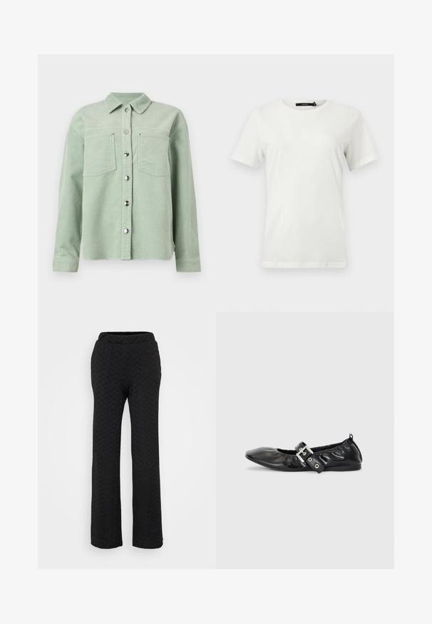 Camisa de pana verde claro con botones, dos bolsillos en el pecho y mangas largas, con cuello clásico.; Camiseta blanca lisa de manga corta con cuello redondo y dobladillo recto, mostrada plana sobre un fondo claro.; Pantalones de pierna ancha negros con un patrón zigzag texturizado, cinturilla elástica y tela ligera para mayor comodidad.; Zapato plano de piel negra con puntera afilada, detalle fruncido alrededor de la abertura y un acento de hebilla plateada en la correa ajustable.