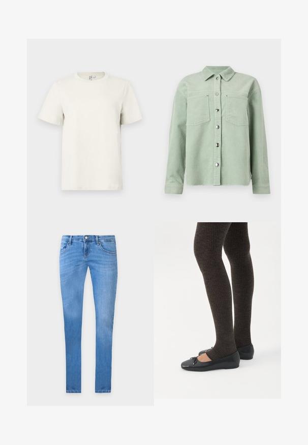 Camisa de pana verde claro con botones, dos bolsillos en el pecho y mangas largas, con cuello clásico.; Camiseta de algodón beige claro con cuello redondo, mangas cortas y corte regular. Textura suave y diseño minimalista sin patrones ni acentos.; Vaqueros ajustados de color azul claro con bolsillos delanteros, trabillas para cinturón y cierre de botón sobre un fondo liso.; Piernas con leggings oscuros acanalados combinados con bailarinas negras que presentan pequeños detalles de lazo sobre un fondo blanco.