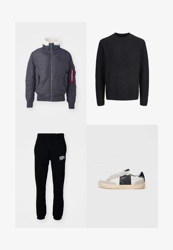 Schwarze isolierte Bomberjacke mit einem Kragen aus Kunstfell, Frontreißverschluss, Seitentaschen, gerippten Bündchen und einem roten Stoffetikett am Ärmel.; Schwarzer Langarm-Pullover mit Rundhalsausschnitt, Rippbündchen an Ärmeln und Saum, gefertigt aus weichem, strukturiertem Stoff.; Schwarze Fleece-Jogginghosen mit elastischem Bund und Bündchen. Mit einem weißen Logo auf dem linken Oberschenkel. Glatte Textur, lockere Passform.; Weiße und graue Low-Top-Sneaker aus Wildleder und Leder. Mit einem schwarzen Akzent, weißen Nähten und einer Gummisohle.