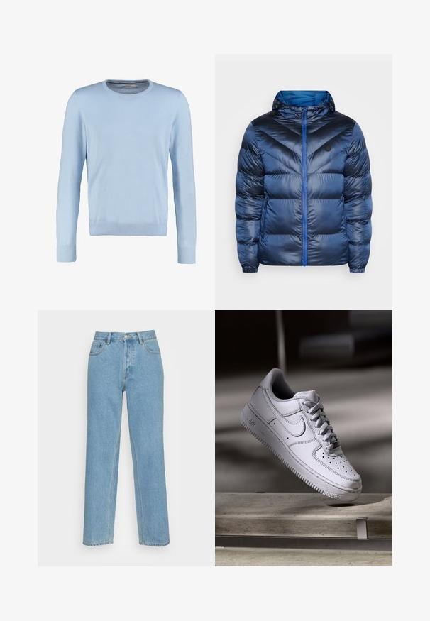 Marineblå oppustelig jakke med hætte, prydet med et chevron-mønster, glansfuld finish, frontlynlås og sidelommer til sikker opbevaring.; Lyseblå langærmet sweater med rund halsudskæring. Har en glat tekstur og ribbede manchetter og kant. Klassisk, tætsiddende design.; Lysblå lige ben jeans lavet af denim, med et klassisk fem-lomme design, en knaplukning foran og synlige syninger.; Hvid læder Nike Air Force 1 sneaker med perforeret tå, flade snørebånd og tekstureret gummisål med "AIR" branding på siden.