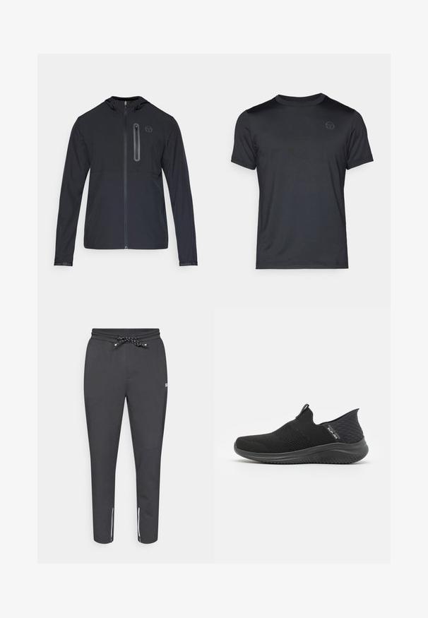 Chaqueta ligera negra con capucha, cierre frontal completo y bolsillo con cremallera vertical en el lado izquierdo del pecho, que presenta un pequeño logo circular.; Camiseta negra de manga corta hecha de tela suave, con cuello redondo y un logo sutil en el pecho. Corte casual sin patrones visibles.; Joggers negros ajustados con cintura elástica y cordón, bolsillos laterales con cremallera y acentos blancos en el tobillo. Hechos de una tela suave y elástica.; Zapatos negros de tipo slip-on con parte superior de malla transpirable, diseño texturizado, suela flexible y plantilla suave y acolchada.