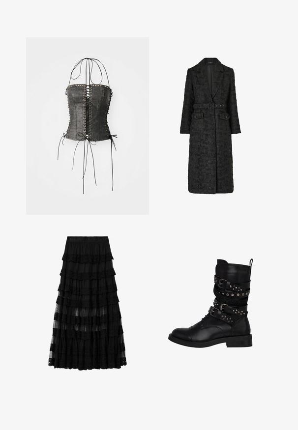 Sort tekstureret lang frakke med bælte i taljen, hak-krave, lange ærmer og to frontlommer med knapklap.; Jaded London LONGLINE LACE UP HALTER CORSET - Top - black; Sort lagdelt blonde midi-nederdel med elastisk talje med indgraveret mærkenavn, der har gennemsigtige og solide lagdelte stofpaneler.; Sort læder ankelstøvle med sølvbesatte stropper og spænder, rund tå og en lav blokhæl. Har teksturerede detaljer på stropperne.