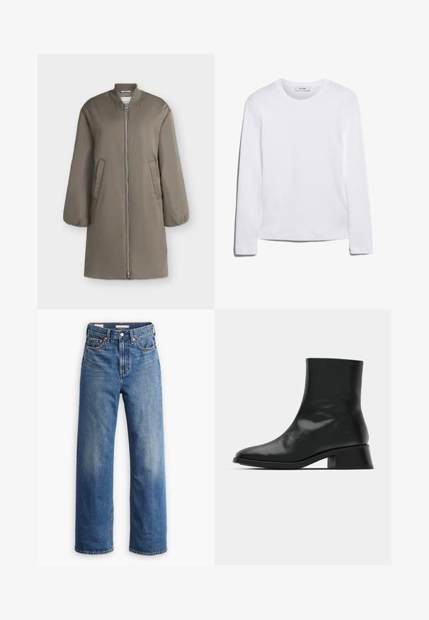 Lange khaki bomberjack met geribbelde kraag, ritssluiting aan de voorkant, twee schuine heupzakken en elastische manchetten, getoond op een effen achtergrond.; Wit T-shirt met lange mouwen, gemaakt van ribgebreide katoen, met een ronde halslijn en een rechte zoom. Eenvoudig ontwerp zonder patronen of accenten.; Lichtblauwe spijkerbroek met een hoge taille, brede pijpen, klassieke vijfzakkenstijl en subtiele vervaging in de stof.; Zwarte enkelboot van glanzend leer, met een slank ontwerp, spitse neus en een gematigde blokhak voor stabiliteit.