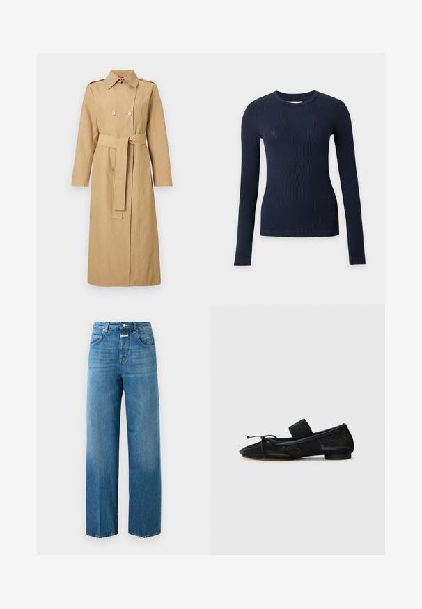 Longue trench-coat beige avec boutons croisés, taille cintrée par une ceinture, épaulettes et col classique sur un fond uni.; Pull ajusté bleu marine côtelé à manches longues avec col rond sur fond gris clair.; Jeans en denim bleu taille haute à jambe droite avec poches avant et arrière, fermeture à bouton et passants de ceinture sur un fond blanc.; Chaussure plate noire avec un bout pointu, fabriquée en tissu texturé, avec un accent à nœud et un petit talon rond. Sangle élastique au niveau de la cheville.