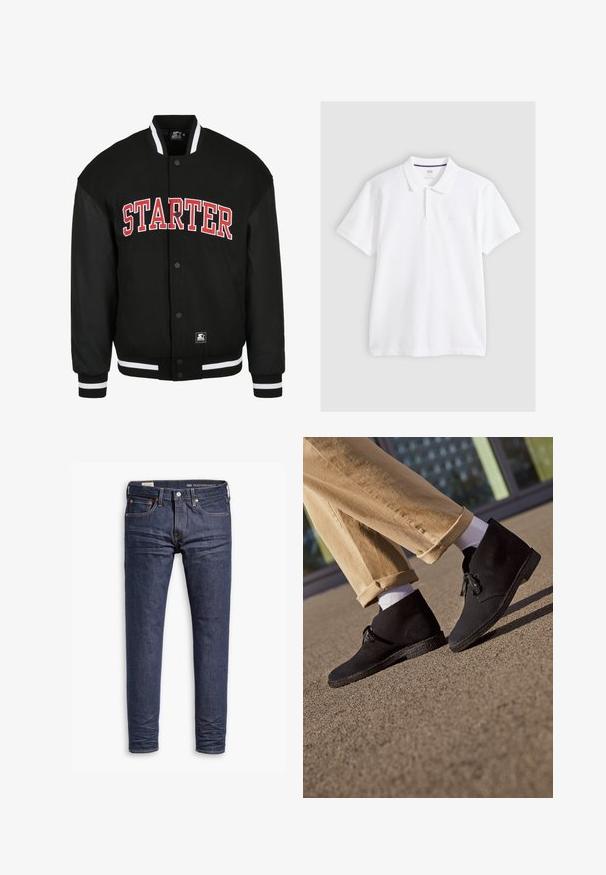 Zwarte varsityjack met een wollen lichaam, leren mouwen, rode 'STARTER' letters, geribde manchetten en zoom met witte strepen, en knoopsluiting.; Witte polo met korte mouwen, kraag en een klep met twee knopen, platgelegd op een lichtgrijze achtergrond.; Donkerblauwe slim-fit Levi's Performance spijkerbroek met vijf zakken en zichtbare stiksels op een witte achtergrond.; Zwarte suède enkellaarzen met een getextureerde zool, voorzien van een ronde neus en vetersluiting, gecombineerd met opgerolde kaki broeken en witte sokken.