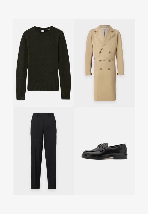 Beige dobbeltradet trenchcoat med bælte i taljen, klapkraver og knapdetaljer, lavet af et glat, let stof.; Mørkegrøn strikket sweater med rund halsudskæring, ribbedeærmer og kant. Blød tekstur, lange ærmer og enkelt design uden mønstre.; Theory STRAIGHT - Bukser - deep black; Sorte læder loafers med rund tå og en dekorativ spændeaccent. Flad, solid hæl og glat tekstur hele vejen igennem.