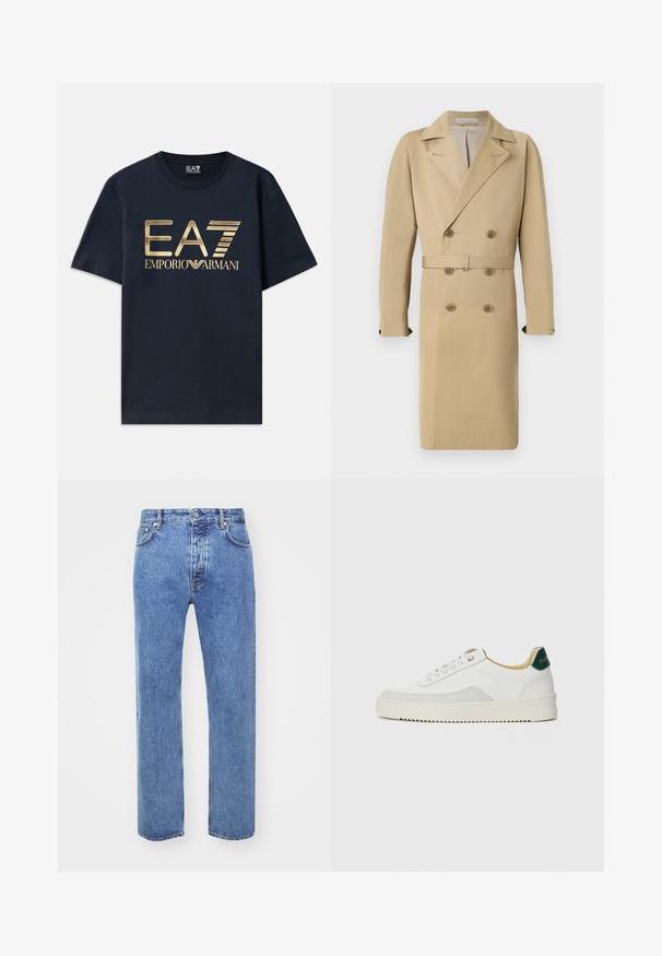 Beige dobbeltradet trenchcoat med bælte i taljen, klapkraver og knapdetaljer, lavet af et glat, let stof.; Marineblå bomulds T-shirt med en stor gylden trykt "EA7" logo og "EMPORIO ARMANI" tekst på fronten. Rund hals og korte ærmer.; Won Hundred STEVE - Jeans Relaxed Fit - cut blue; Hvide sneakers med ruskindsdetaljer, rund tå, flade snørebånd og en cremet gummisål. Har grøn branding på hælen.