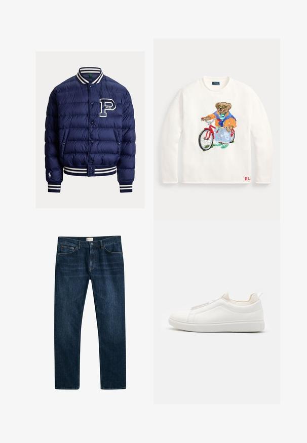 Marineblå quiltet bomberjakke med stribet ribbet krave, manchetter, kant, trykknapper, forlommer og et stort "P" logo på brystet.; Hvid langærmet sweater med en farverig bjørn iført solbriller og afslappet tøj, stående med en rød cykel foran.; Mørkeblå denim jeans med lige ben, knap- og lynlåslukning samt forlommer. Glat tekstur og minimal falmning.; Hvide slip-on sneakers med en tekstureret læderoverdel, elastiske sidepaneler og en gummisål. Minimalistisk design uden synlig branding.