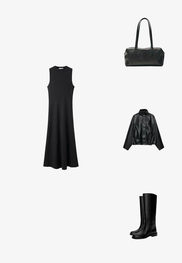 Zwarte jas van kunstleer met hoge kraag, voorrits verborgen onder flap, lange mouwen en zijzakken.; Zwarte, mouwloze jurk met een ronde halslijn, uitlopende silhouet en naadloos ontwerp, gemaakt van een glad, lichtgewicht stof.; Zwarte leren kniehoge laarzen met een gladde textuur, ronde neus, platte zool en minimalistisch ontwerp, met gestikte naden en zonder zichtbare hardware.; Zwarte rechthoekige leren handtas met twee lange schouderbanden en een ritssluiting aan de bovenzijde.