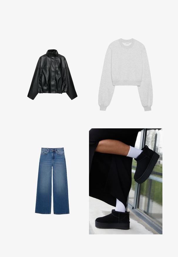 Sort kunstlæderjakke med høj krave, lynlås foran skjult af klap, lange ærmer og sidelommer.; Afskåret sweatshirt i lys grå stof, med lange ærmer, rund halsudskæring, ribbede ærmer og en subtil tekstur.; Vidde-ben denimjeans i en mellemblå vask, med høj talje, fem-lomme design og syningsdetaljer langs sømmene.; Sorte suede ankelstøvler med flad sål, med en bageste træksløjfe, båret med hvide ankelstrømper mod en minimalistisk baggrund.