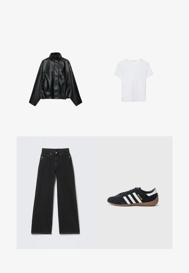 Sort kunstlæderjakke med høj krave, lynlås foran skjult af klap, lange ærmer og sidelommer.; Hvid kortærmet t-shirt lavet af blødt stof. Har en rund halsudskæring og et simpelt, rent design med en lige underkant.; Sorte højttaljede bredbenede jeans med knap- og lynlåslukning foran, bæltestropper og fem forlommer på en lys baggrund.; Sort ruskindssneaker med tre hvide striber, gummisål og et lille gyldent logo på siden. Har en glat sort foring indvendigt.
