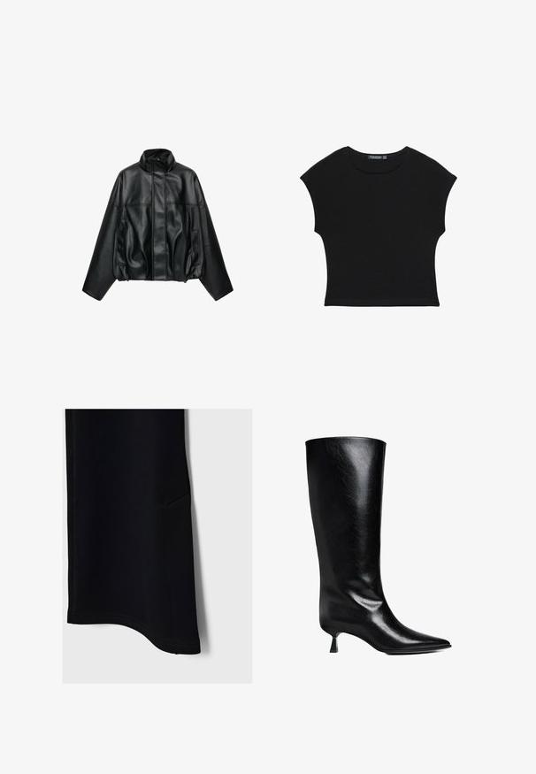 Veste noire en simili cuir avec col montant, fermeture éclair devant cachée par un rabat, manches longues et poches latérales.; Haut court noir à manches courtes avec encolure ronde et taille légèrement cintrée, fabriqué en tissu doux et léger.; Pantalons de sport noirs avec une texture lisse, un ourlet incurvé, une poche latérale et des coutures contrastées, conçus pour le confort et la mobilité.; Boot en cuir noir, montant jusqu'au genou, avec un bout pointu, une silhouette élancée et un talon carré bas, le tout avec une finition brillante.