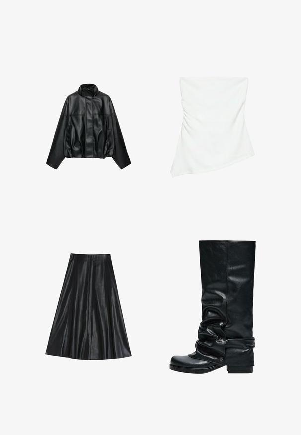 Zwarte jas van kunstleer met hoge kraag, voorrits verborgen onder flap, lange mouwen en zijzakken.; Witte asymmetrische top zonder bandjes met lichte plooidetails aan één kant, aangesloten stijl, strak en minimalistisch ontwerp.; Zwarte leren midi-rok met een uitlopende vorm, met een gladde textuur en een geplooid ontwerp voor extra volume. Geen zichtbare hardware of accenten.; Zwarte leren kniehoge laars met een slouch-ontwerp, ronde neus en knoopaccenten langs de zijkant. Vierkante blokhak voor stabiliteit.
