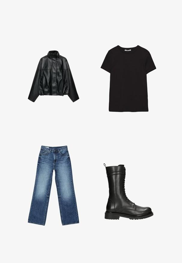 Zwarte jas van kunstleer met hoge kraag, voorrits verborgen onder flap, lange mouwen en zijzakken.; Zwart katoenen T-shirt met korte mouwen, ronde hals, standaard pasvorm en zichtbaar binnenlabel in de nek.; Blauwe denim jeans met wijde pijpen, voorzakken en muntzakje, knoopsluiting en een vervaagde wassing op de dijen en knieën.; Zwarte leren gevechtslaarzen met een hoge schacht, vetersluiting aan de voorkant en een gestructureerde afwerking. Beschikt over een stevige rubberen zool en een trekband.