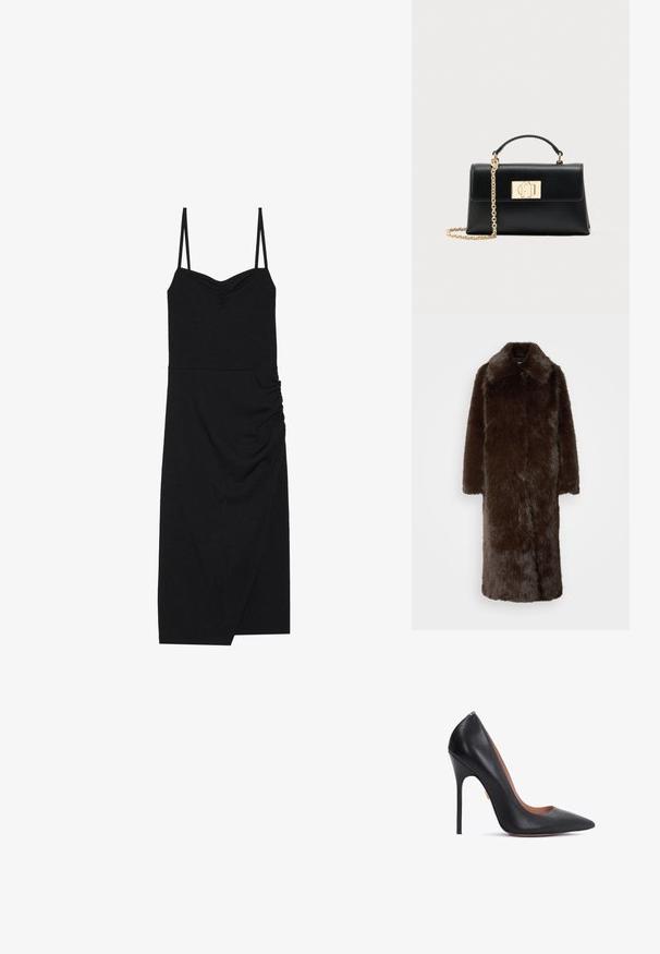 Brun faux fur-frakke med krave, lange ærmer og en blød tekstur. Har en lige snit, midtlængde design og ingen synlige lukninger.; Sort ribbet kjole med tynde justerbare stropper, en sweetheart-udskæring, side-ruching detalje og asymmetrisk kant. Fremstillet af strækbart stof.; Sort læder høje hæle pumper med spids tå, slank stiletthæl og buet halsudskæring. Glat tekstur og guldaccent nær hælen.; Sort læderhåndtaske med struktureret form, udstyret med en øverste hank og en guldtonet kæderem. Dekorative guldhardware med logodetalje.