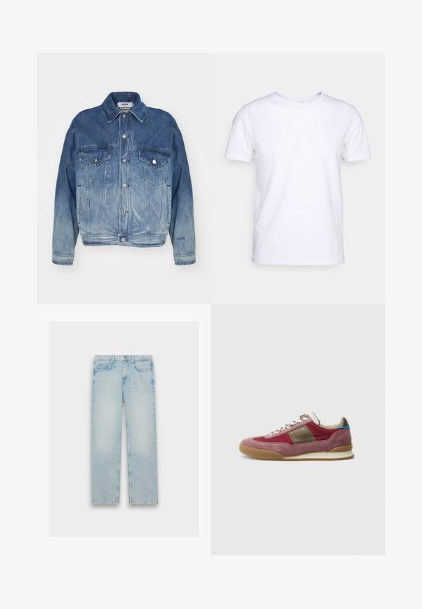 Blaue Jeansjacke mit einem Farbverlauf von hell nach dunkel, Knopfverschluss vorne, zwei Brusttaschen und gesticktem Logo auf dem Ärmel.; Weißes T-Shirt mit kurzen Ärmeln aus Baumwollstoff und rundem Halsausschnitt. Schlichtes Design ohne Muster oder Akzente. Glatte Textur.; Hellblaue Jeans aus Denim mit geradem Bein, fünf Taschen und einem verwaschenen Finish. Metallbeschläge und gestickte Details sind sichtbar.; Sneaker mit einem Obermaterial aus burgunderrotem Wildleder und Stoff, beigen Akzenten und einer Laufsohle aus Kaugummirubber; ausgestattet mit metallischen Ösen und Schnürsenkeln.