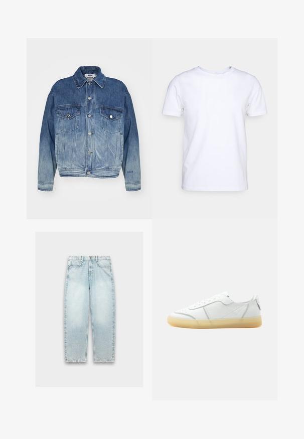 Blauwe denimjacket met een verloop van licht naar donker, knoopsluiting aan de voorkant, dubbele borstzakken en geborduurd logo op de mouw.; Witte katoenen t-shirt met korte mouwen en een ronde hals. Eenvoudig ontwerp zonder patronen of accenten. Glad textuur.; Lichtblauwe denim jeans met een losse pasvorm, rechte pijpen, vervaagd textuur, vijf-pocket ontwerp en metalen knoopsluiting bij de taille.; Witte lage leren sneaker met beige doorschijnende zool, veters aan de voorkant en minimale stiksel details, zijaanzicht op een effen achtergrond.