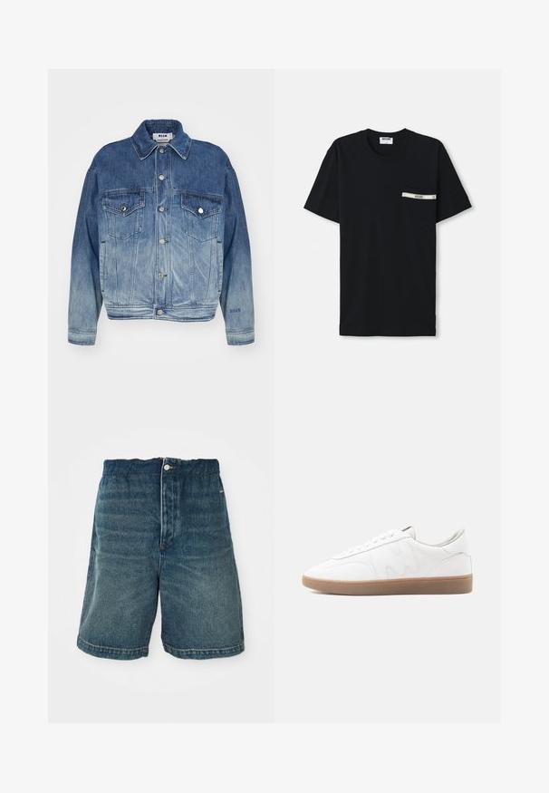 Blå denimjakke med en gradient fra lys til mørk vask, knaplukning foran, dobbel brystlomme og broderet logo på ærmet.; Sort bomulds T-shirt med korte ærmer, rund halsudskæring og en venstre lomme med en hvid stribe og logo detalje.; Mørkeblå denim shorts med løs pasform, der har en knaplukning og synlig syning langs kanten og lommerne.; Hvid lav sneaker med gummisål i naturfarve, syninger og snørebånd på neutral baggrund.