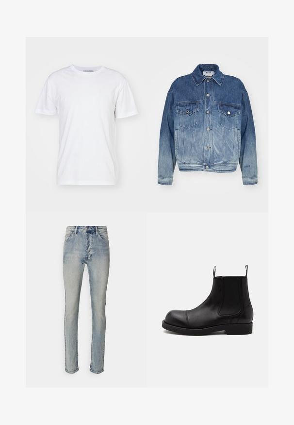 Blauwe denimjacket met een verloop van licht naar donker, knoopsluiting aan de voorkant, dubbele borstzakken en geborduurd logo op de mouw.; Witte katoenen T-shirt met een ronde hals, korte mouwen en een rechte snit. Geen patronen of versieringen, gladde textuur en eenvoudig ontwerp.; Lichtblauwe denim jeans met een slim fit, voorzien van vijf zakken, een knoopsluiting en subtiele vervaging op de stof voor textuur.; Zwarte leren Chelsea-boot met afgeronde neus, elastische zijpanelen, aantreklussen voor en achter, platte zool, van opzij getoond op witte achtergrond.