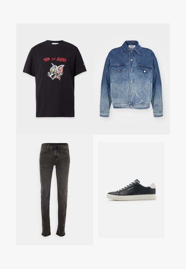 Blå denimjakke med en gradient fra lys til mørk vask, knapper foran, to brystlommer og brodert logo på ermet.; Svart T-skjorte med korte ermer med fargerike Tom og Jerry tegneserieansikter og rød tekst "Tom Jerry" over figurene.; True Religion ROCCO - Jeans slim fit - black denim; Svarte lærreskalker med hvite snører og gummislitebane. Har et akcent av blå, rød og grønn stripe ved hælen. Inkluderer broderte detaljer.