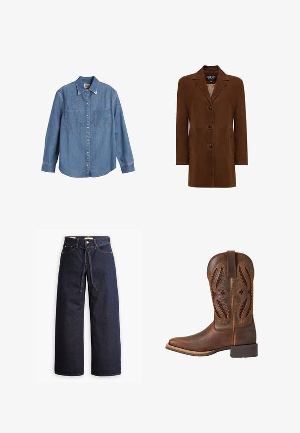 Bruine suède blazer met een reverskraag, enkele knoopsluiting, zijzakken en een gladde binnenvoering.; Lichtblauwe denim overhemden met lange mouwen, puntige kraag, twee borstzakken en contrasterende stiksels. Heeft een westers stijl yoke ontwerp.; Wijd pijpjes donkerblauwe denim jeans met een hoge taille, voorzien van een trekkoord, vijf zakken en contrasterende stiksels.; Bruine leren cowboylaars met decoratieve stiksels en aantreklus, voorzien van een lage gestapelde hak en een afgeronde vierkante neus.
