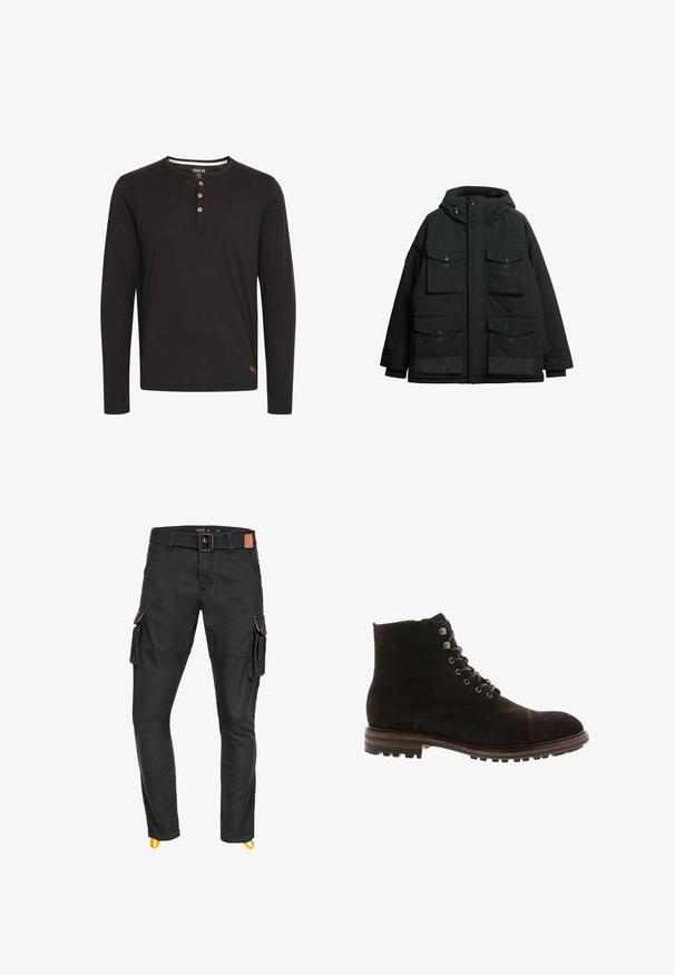 Parka aislante negra con capucha, que cuenta con cuatro bolsillos frontales, cierres a presión y un corte relajado. Tela suave con detalles mínimos.; Camisa de manga larga negra hecha de una tela suave, con un cuello redondo, tapeta de botones con botones de madera y una pequeña etiqueta de logo en el dobladillo.; Pantalones cargo negros hechos de un tejido duradero, con múltiples bolsillos laterales, una cintura con cinturón y detalles en naranja en los bolsillos.; Blackstone Botines con cordones - brown