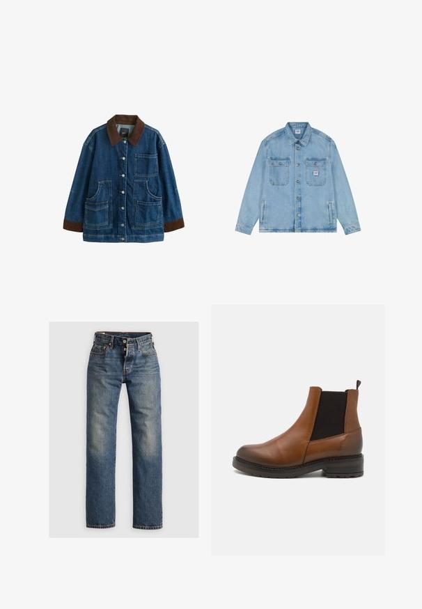 Jeansjacke mit braunem Cordkragen und Manschetten, vordere Knopfverschluss sowie vier große aufgesetzte Taschen, vor weißem Hintergrund präsentiert.; Hellblaue Jeansjacke mit Knopfleiste, zwei Brustklappentaschen mit Knöpfen, zwei seitlichen Taschen und einem kleinen Lee-Logo-Patch auf der rechten Brusttasche.; Blaue Denim-Jeans mit geradem Bein, ausgestattet mit sichtbaren Nähten, einem Reißverschluss und fünf Taschen. Ausgewaschene Stellen sorgen für Textur.; Braune Leder-Chaussures mit elastischen Seitenpanels, abgerundeter Zehenpartie und kontrastierender schwarzer Gummisohle. Mit Zuglasche an der Ferse.