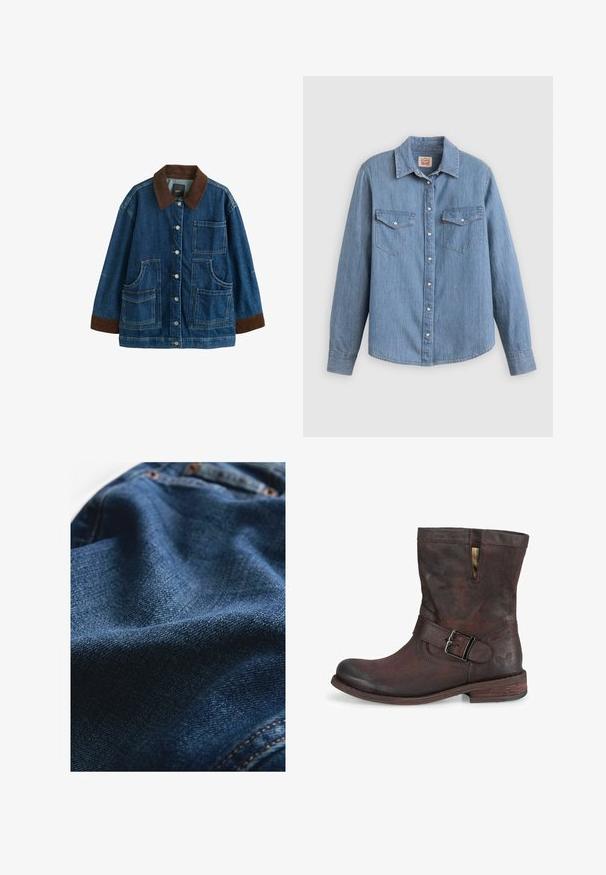 Denimjakke med brun kordfløjls-krave og manchetter, frontknaplukning og fire store påsyede lommer, vist mod hvid baggrund.; Lyseblå denimskjorte med lange ærmer, knapper foran, to brystlommer og klassisk krave. Glat tekstur og afslappet pasform.; Denimstof i mørkeblå, med en glat tekstur og subtile vævningsvariationer samt kontrasterende syningsdetaljer.; Brun læder ankelstøvle med rund tå, spænde detalje og struktureret finish. Har en syet accent og lav stabil hæl.